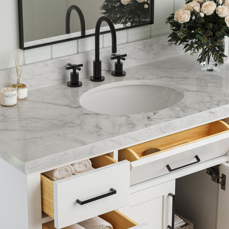 Meuble-lavabo simple en bois massif 48 po avec lavabo en marbre de Carrare 1,5 po Tidworth, Ovale, Blanc