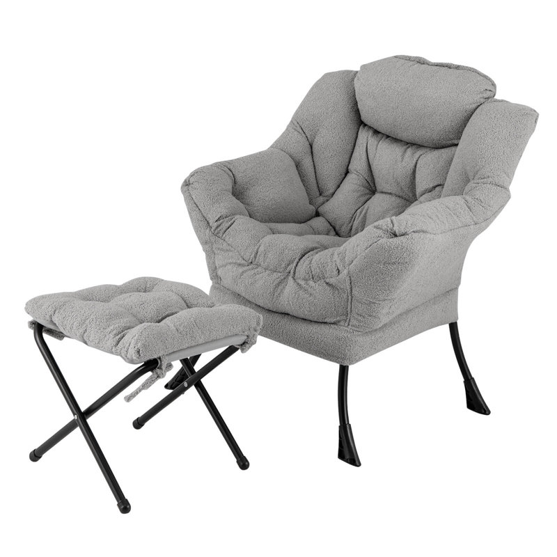 George Oliver Lazy Sofa Chair Accent Leisure Armchair With Folding Footrest & Storage Pocket, Gray Cotton