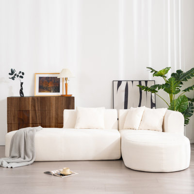 Élégant avec coussins carrés - chenille beige, 4 sièges modulaires incurvés, rembourrage en mousse et ressorts ensachés, accoudoirs roulés