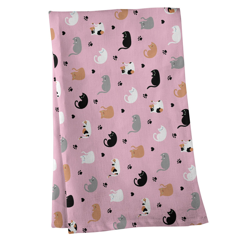 Torchon à motif de chat, Polyester sergé, Rose / blanc / orange