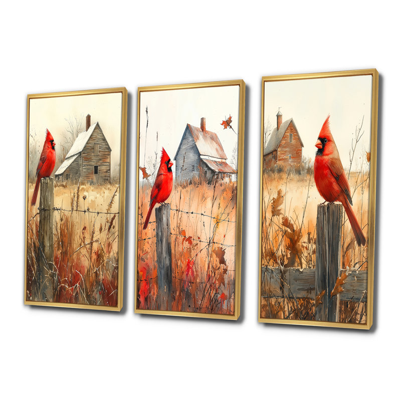 Oiseau cardinal par The Farmhouse I - Collection moderne de reproductions sur toile, H 28 po x l 36 po, Doré
