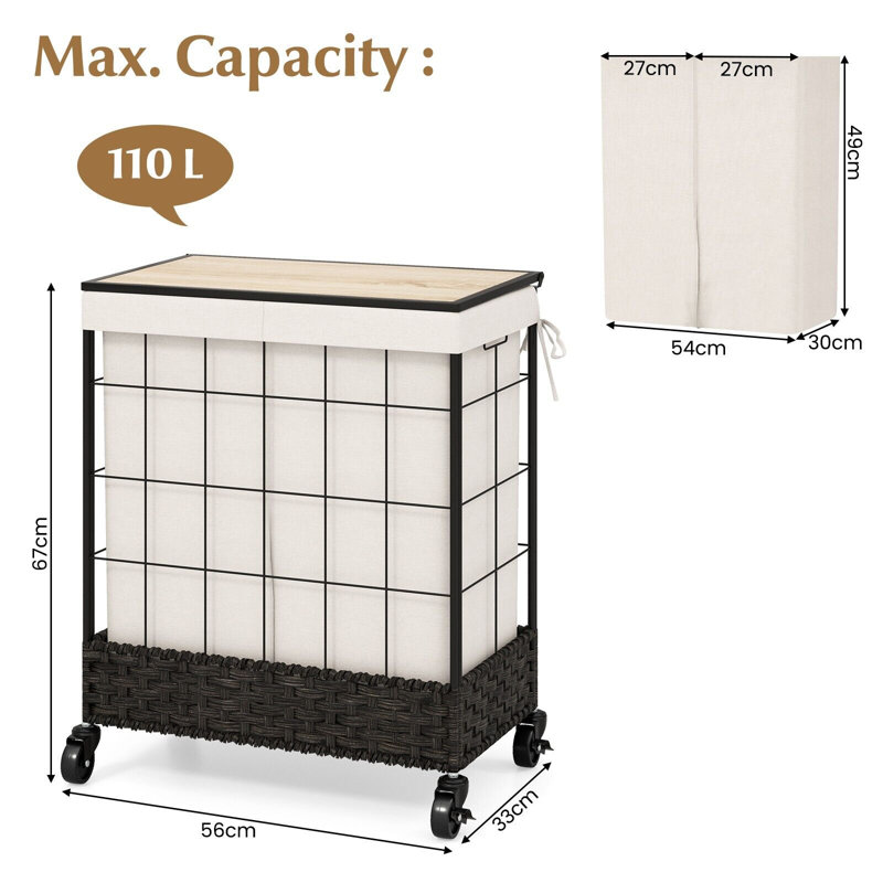 Rolling Laundry Hamper, 67cm H x 56cm W x 33cm D
