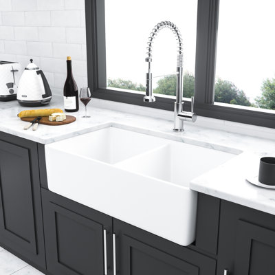 32" White Ceramic Double Bowl Sink - Scratch And Stain , Heat Tolerant To 550 Degrees, Enchanting Kitchen 32-Inch 550F, Fabulous