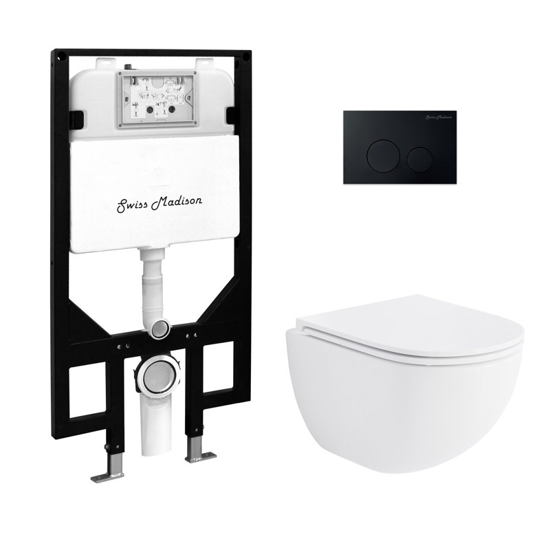 St. Tropez Wall-Hung Toilet Bundle 0.8/1.6 GPF Dual Flush in Glossy White with Black Flush Plate, Glossy White/Black