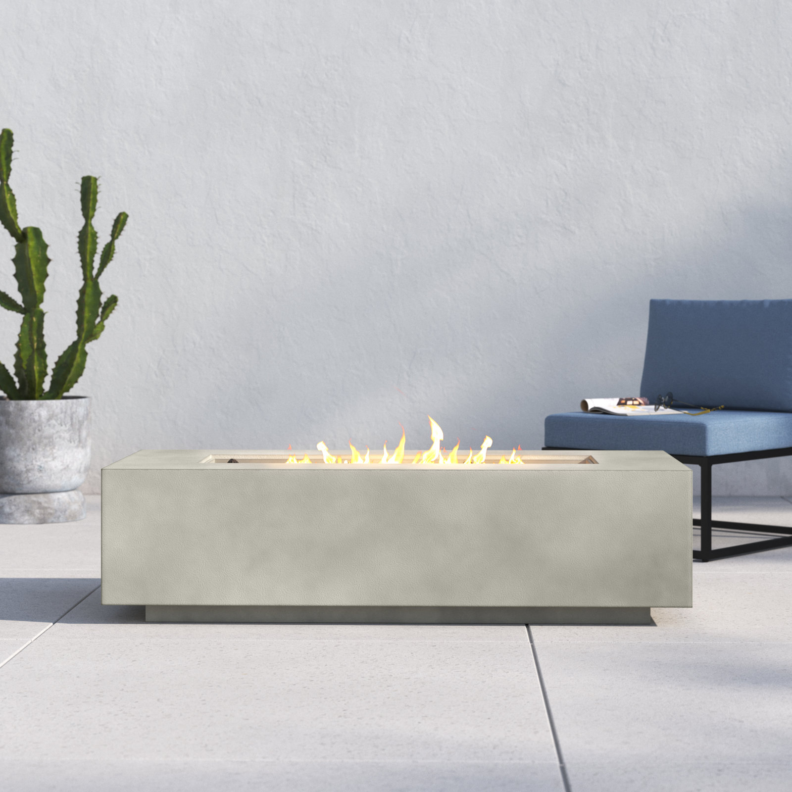 Rashid Rectangle Fire Pit Table, Natural Concrete, 15" H x 56" W x 24" D