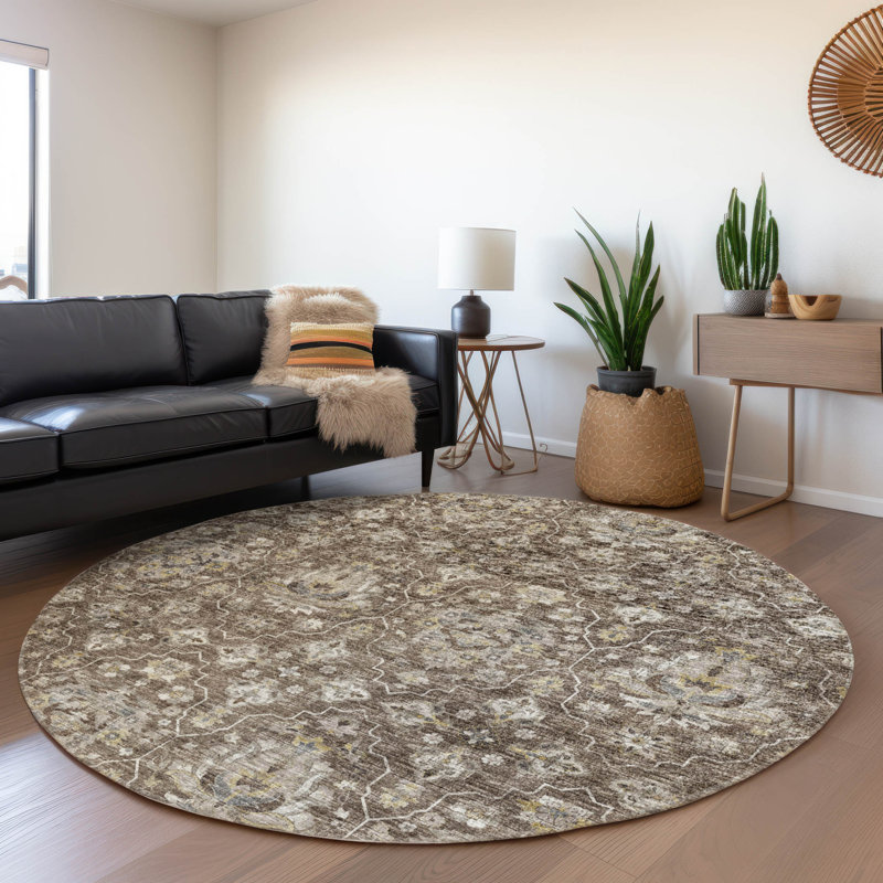 Premium Machine Washable Alliah AMF94 Brown Rug, Round 8'