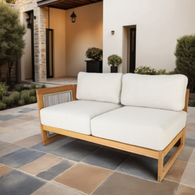 Guzal Acacia Wood Rope Weaving Patio Outdoor Sofa With Cream Cushions by Gracie Oaks