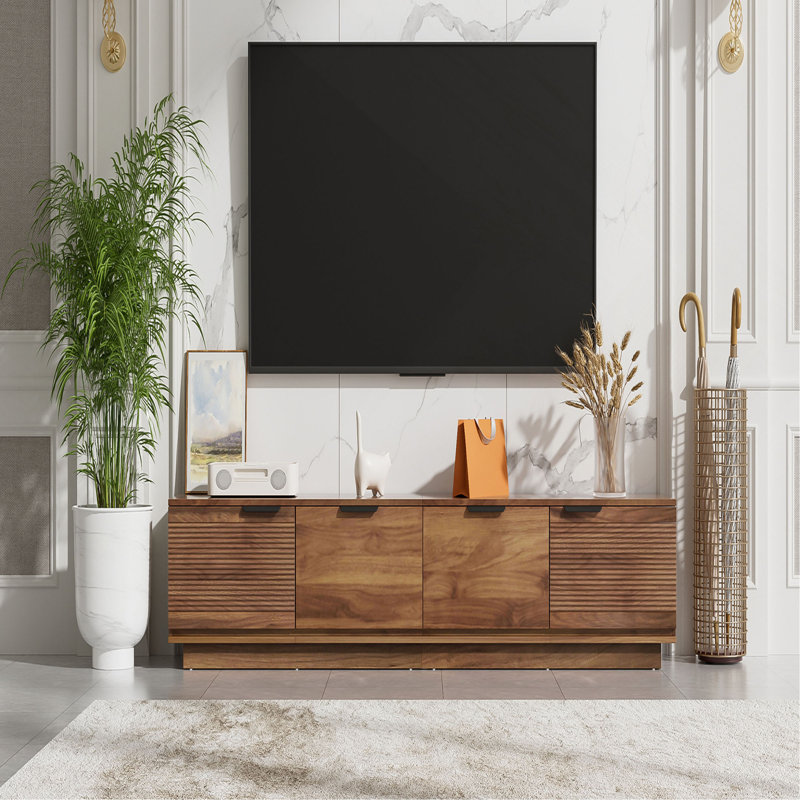 Meuble télé 78 po pour téléviseur de 85 po ou moins, centre de divertissement avec porte cannelée et gestion des câbles, charnières à fermeture en douceur pour le salon