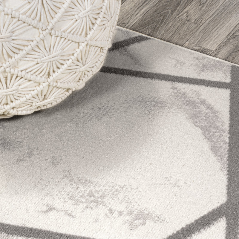 Gray and Ivory Geometric Washable Rectangular Rug