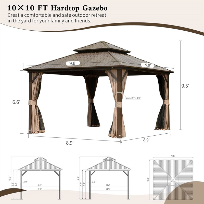 Hardtop Gazebo, Aluminum Metal Gazebo With Galvanized Steel Double Roof Canopy, Curtain And Netting, Permanent Gazebo Pavilion