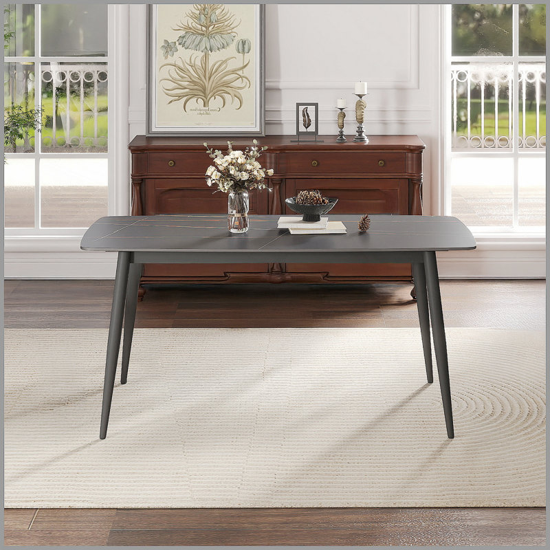 Table de salle à manger moderne en pierre artificielle avec bord incurvé et pieds en métal noir, pour 6 à 8 personnes, Black