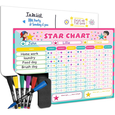 Magnetic Reward Chart For Kids Dry Erase 13” X 17” Multiple Kids Refrigerator Star Behaviour 
