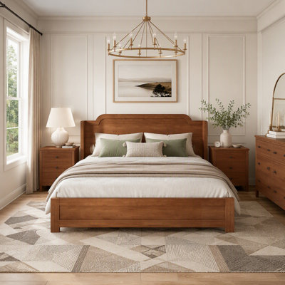 Solid Wood Platform Bed with Headboard, Brown/Natural Finish, Minimalist Design, Easy Assembly, No Box Spring Needed