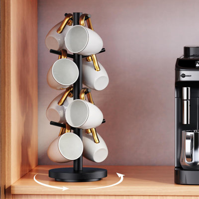Coffee Mug Holder Tree, Upgraded 360° Rotated Coffee Cup Holder For Counter, Wood Coffee Mug Tree, Coffee Mug Rack With 8 Hooks,  Black