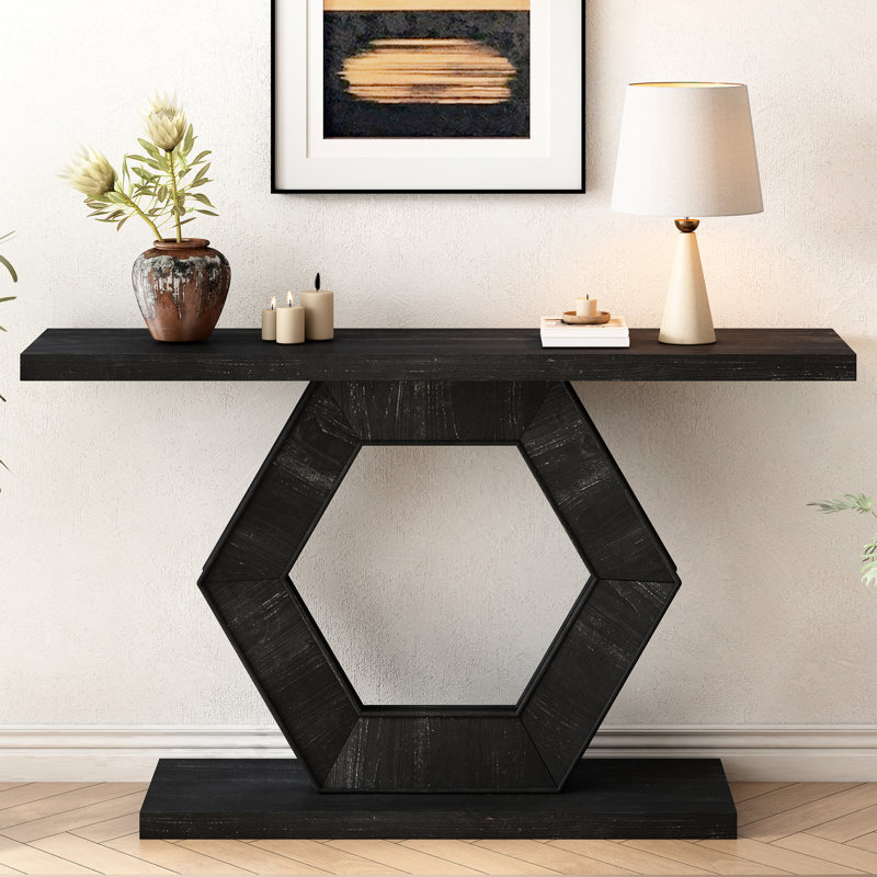 Console de vestibule contemporaine avec placage de sapin, 14,3 po Pieds hexagonaux profonds et sophistiqués 11,25 po, noir