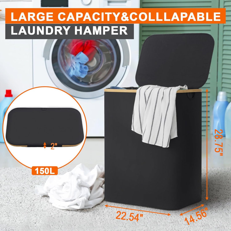 Double Laundry Hamper With Lid 150L Large Laundry Basket With Bamboo Handles Foldable Clothes Hampers With 2 Removable Liner Bags For Laundry For Bedroom Bathroom Dorm Laundry Room, Black