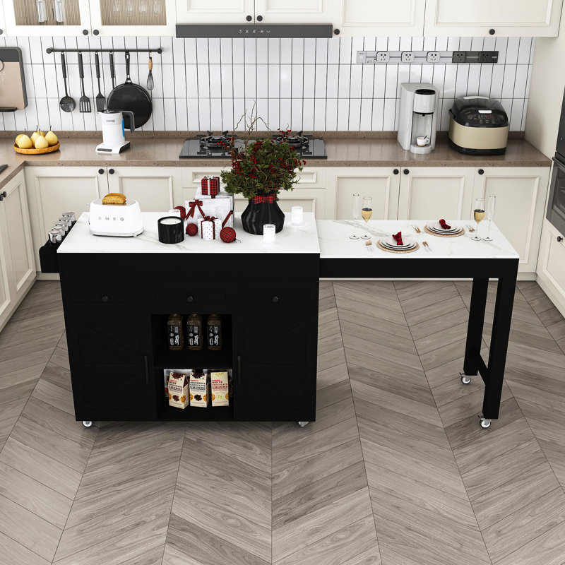 74.8" Kitchen Island With Extendable Dining Table, Marble Veneer Top & Built-In Power Outlet - Mobile Storage Cart With 3 Drawers & Cabinet, Rolling Kitchen Cart For Dining Room