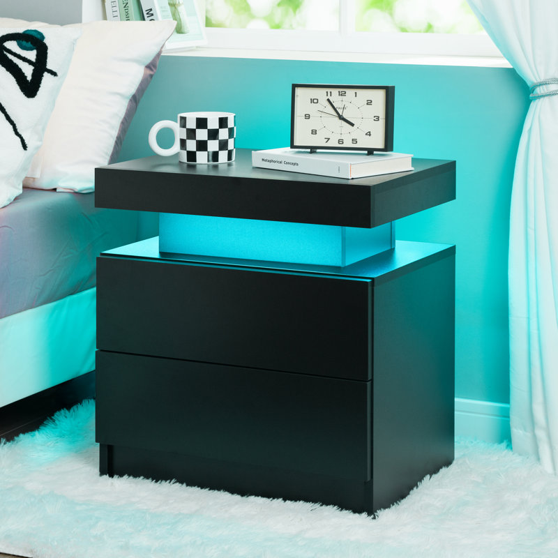 LED Bedside Table with 2 Drawers, Bedside Table with LED Lights for Bedroom, Black