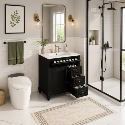 Meuble-lavabo de 76 cm avec lavabo, meuble autoportant avec tiroir rabattable, 3 tiroirs et une porte de salle de bain