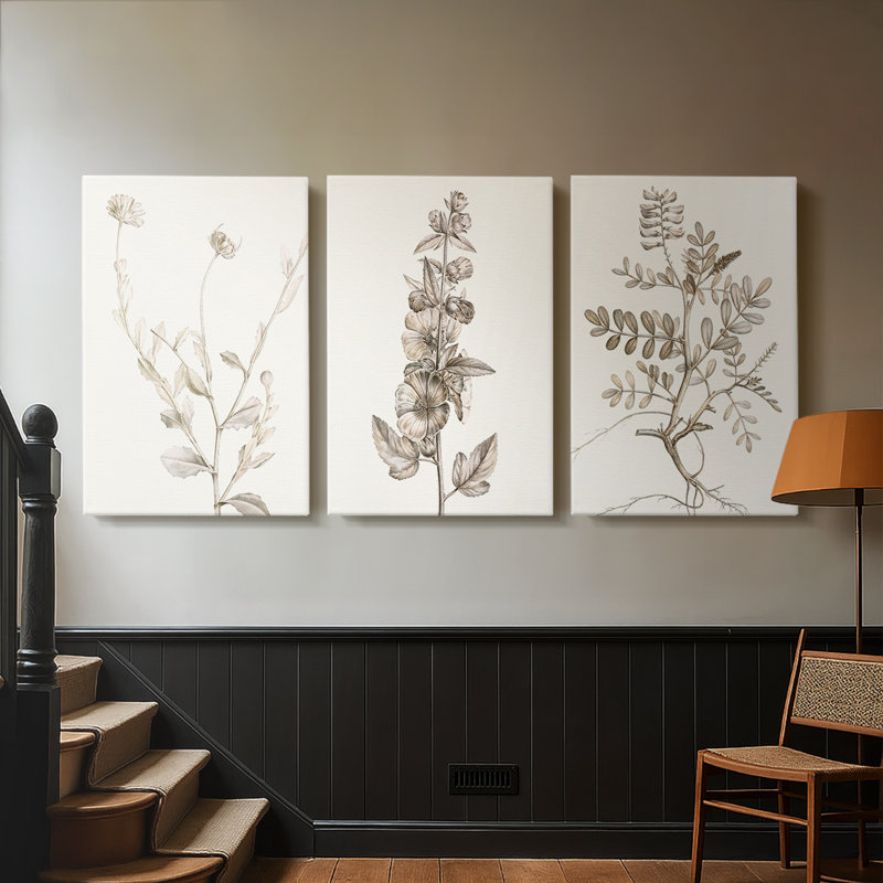 Neutral Botanical Study IV - Toile tendue sur mesure avec châssis - 3 pièces, H 36 po x l 72 po