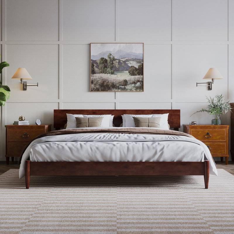 Amandaleigh Solid Wood Low Profile Platform Bed with Built-in Charging Station, Walnut, King
