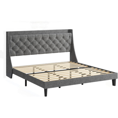 King Upholstered Bed Frame with Button Tufted Storage Headboard Wingback, Modern Wood Slats Support Platform Bed with Charging Station, Noise Free & N