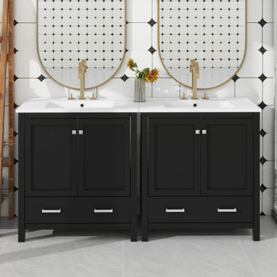 Ensemble de meuble-lavabo élégant avec lavabos en céramique et tiroirs cloisonnés