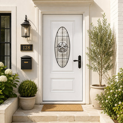 36" x 80" Fiberglass Front Entry Door with Oval Decorative Glass, 4-9/16" White PVC Frame and Brickmould, Knock-Down, Left-Hand Inswing, White