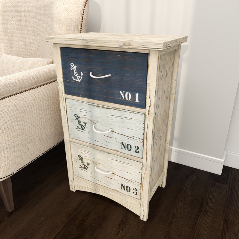 Petite commode en bois Filomena avec 3 tiroirs numérotés et poignées en corde