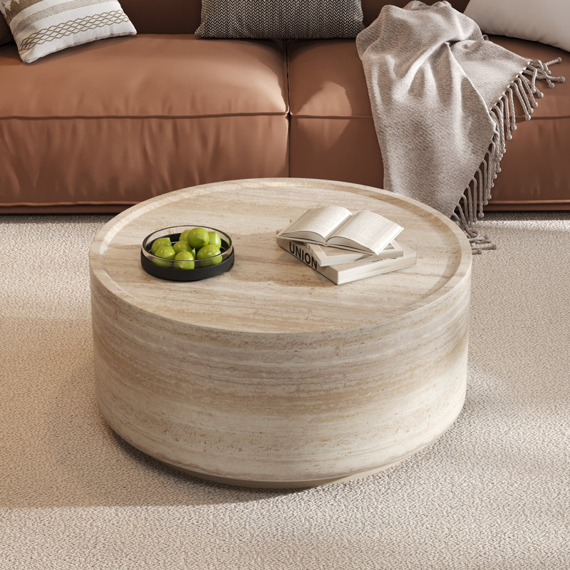 Wood Drum Coffee Table, 13.7" H x 27.5" L x 27.5" W