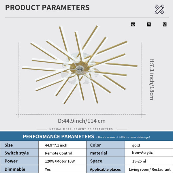 45'' 7 - Ventilador de techo LED regulable con control remoto y aplicación