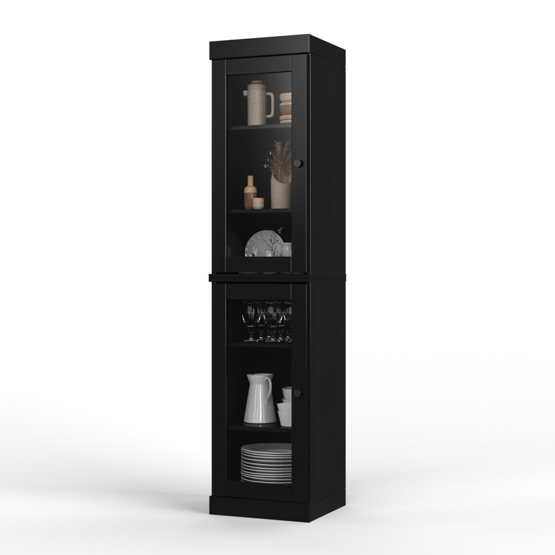 Garde-manger Jaylena 100% bois massif 16,5 po avec portes en verre transparent et tablettes réglables, Noir