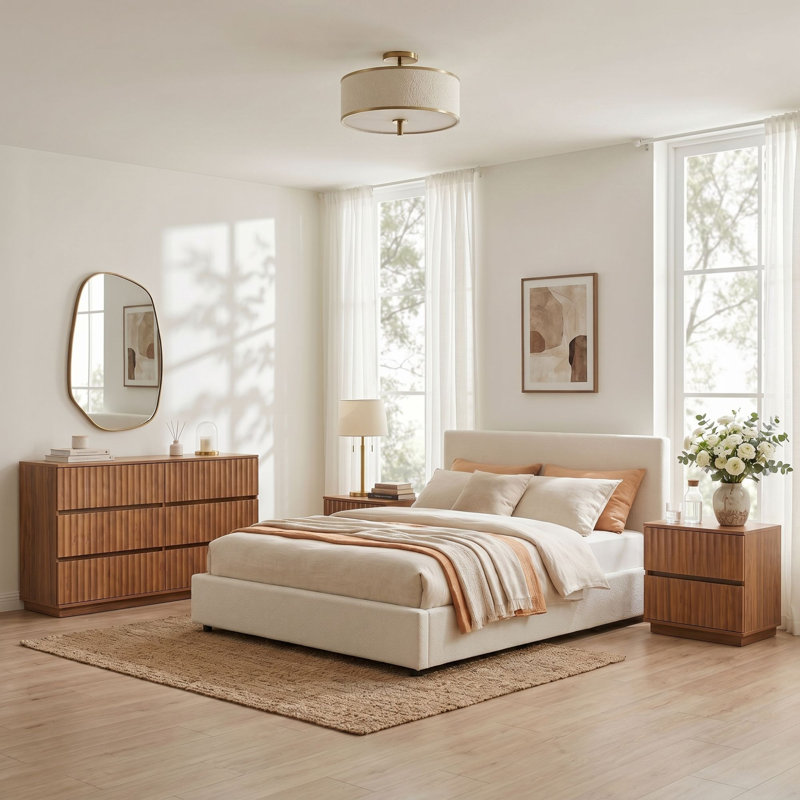 Ensemble de meubles de chambre à coucher 3 pièces à cannelures modernes avec commode à 6 tiroirs et 2 tables de chevet