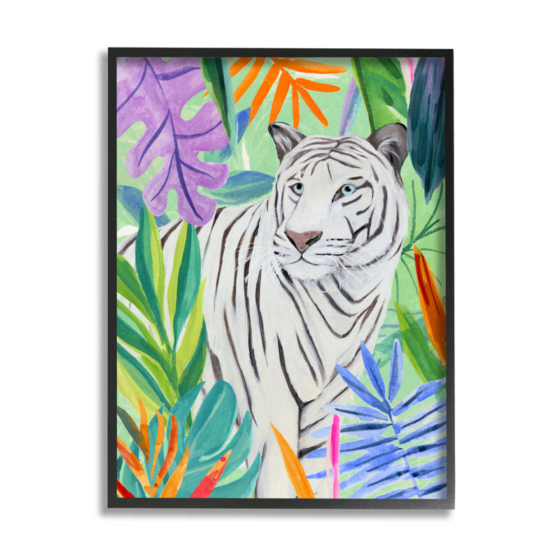 Feuilles vives de tigres de la nature - peinture, H 14 po x l 11 po x P 1,5 po, Giclée encadrée noir minuit