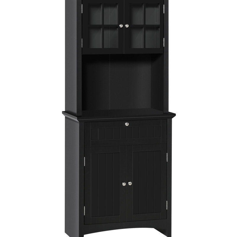 Rangement élégant pour garde-manger avec tiroir d'armoire de cuisine noir, espace pour micro-ondes et tablettes réglables pour la vaisselle
