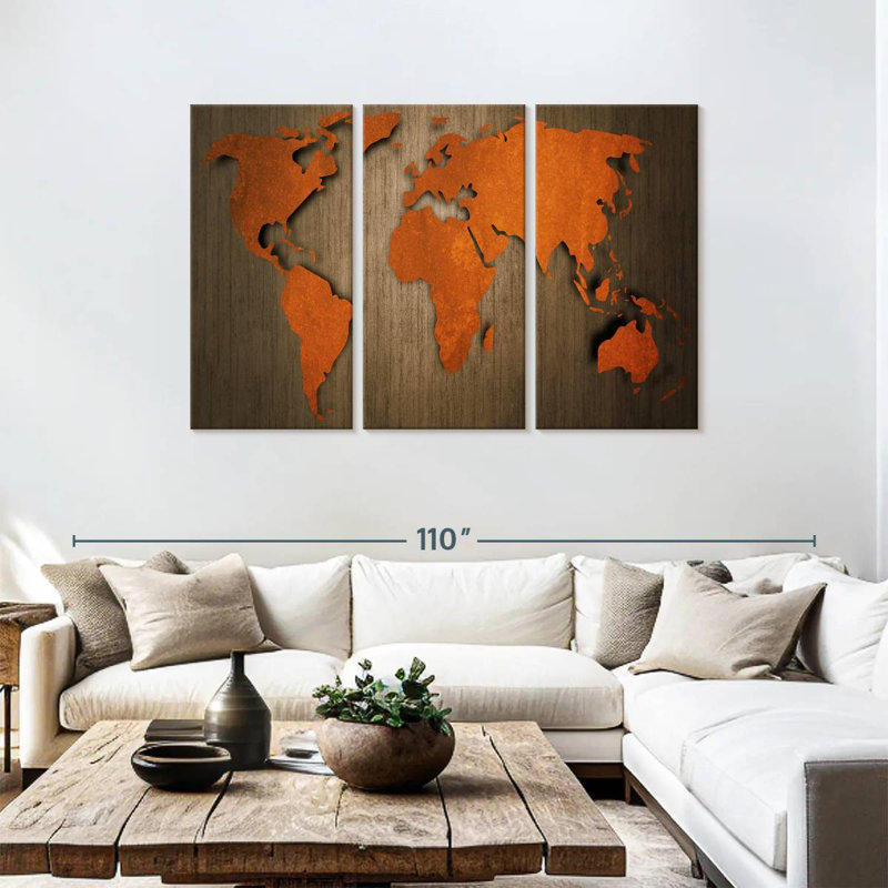 Ancienne carte du monde en bois Aliaz, H 48 po x l 74 po
