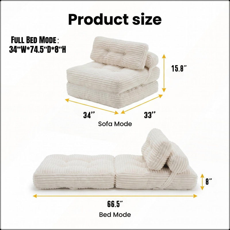 Canapé-lit pliant, chaise convertible avec coussin et support pour les espaces compacts, portable et confortable pour le salon ou la chambre à coucher