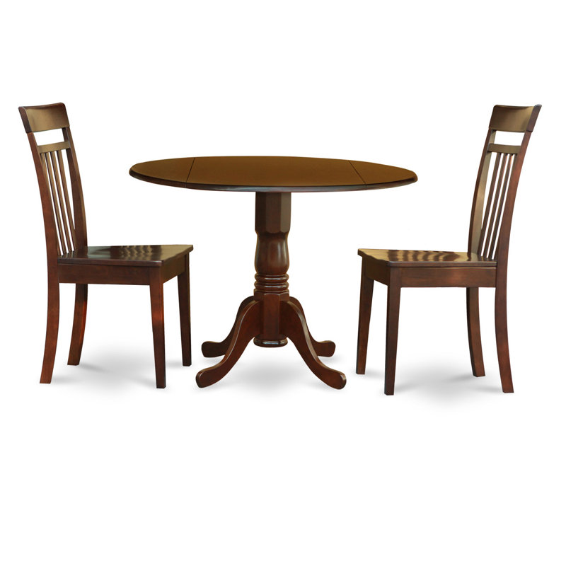 3 Piece Kitchen Table Set for Small Spaces Contains a Round Dining Room Table with Dropleaf and 2 Dining Chairs, 42x42 Inch, Mahogany
