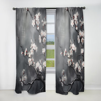 Elu Cherry Blossoms White On 20 Shades Of Grey - Cherry Curtain - Velvet Room Darkening - 1 panel