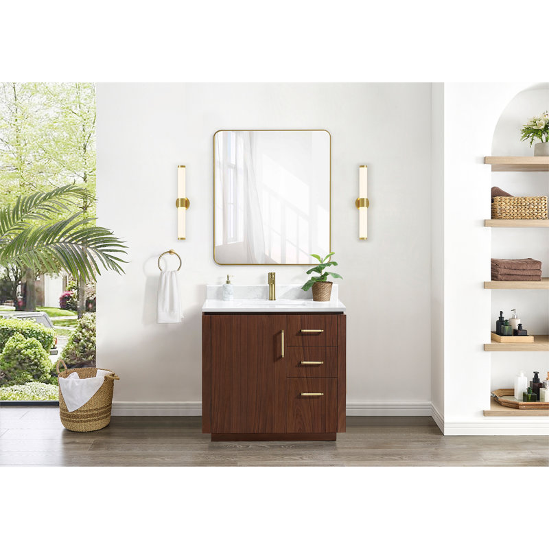 Cloverfield 36'' Single Bathroom Vanity with Cultured Marble Top, Natural Walnut, Gold