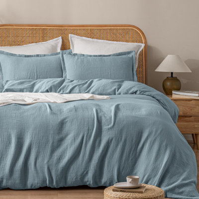 PHF 100% Natural Cotton Muslin Duvet Cover Set, Ultra Soft Breathable Absorbent, Luxurious Minimalist Gauze Bedding for All Season, Duvet Set with 2 Pillow Shams
