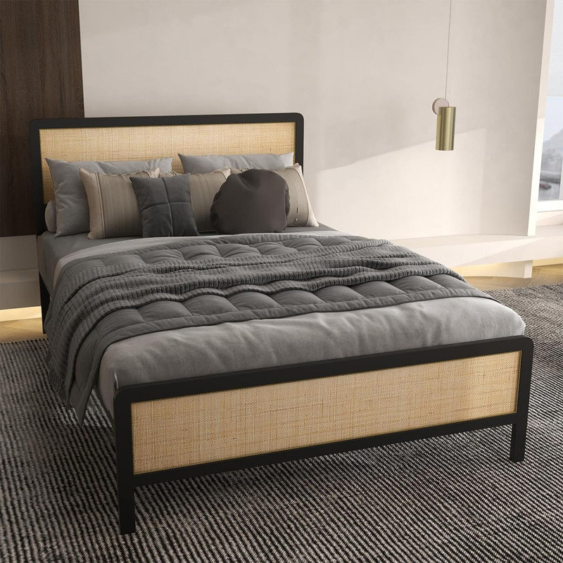 Queen Size Bed Frame With Rattan Headboard And Footboard Platform Bed Frame With Under Bed Storage&Safe Rounded Corners No Box Spring Needed Wood Slat Support Easy Assembly