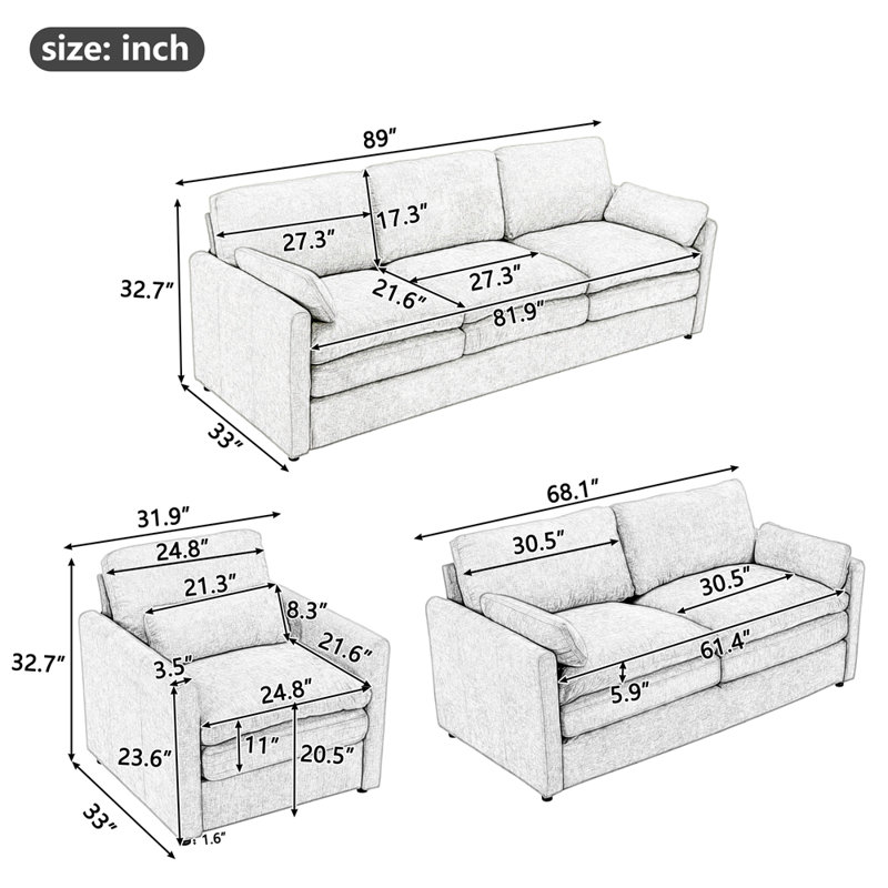 Ensemble 3 pièces de canapé rembourré Cozy, Gris