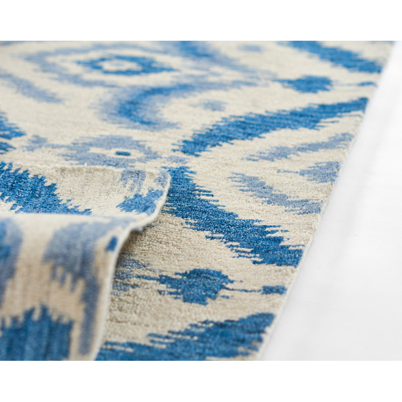 Tapis bleu en laine touffeté à la main 2 pi 6 po x 8 pi Leyde, Rectangle 5 pi x 8 pi