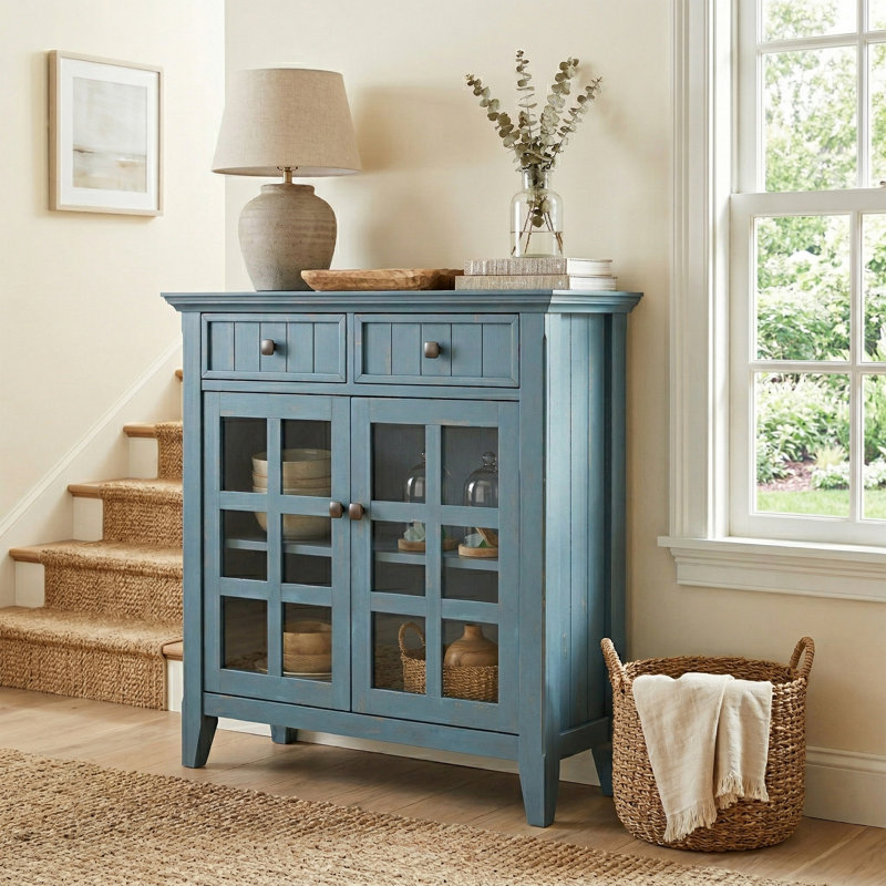 Acadian 36"W Solid Wood Transitional Entryway Storage Cabinet with Drawers, Glass Doors and Adjustable Shelves, Blue