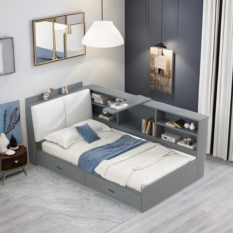 Lordina Bed with Upholstered Storage Headboard, Side Shelves and A Rotating Board, Grey