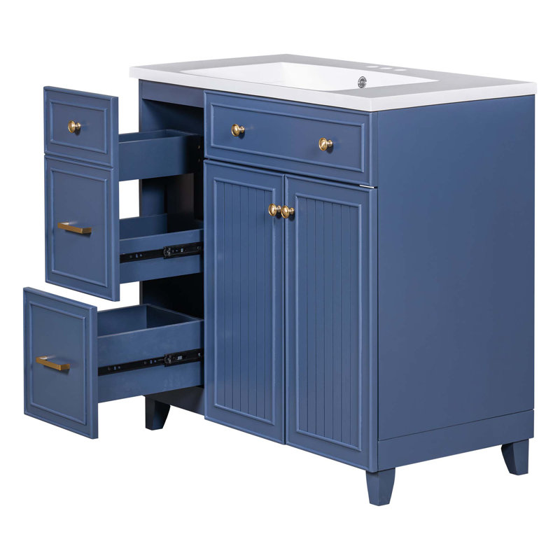 Meuble-lavabo simple transitionnel avec lavabo, 2 tiroirs et 2 portes à fermeture douce, Bleu marine