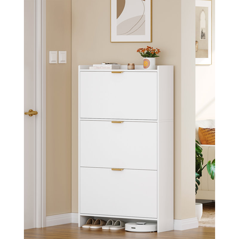 Shoe Storage Cabinet, Wooden Shoe Cabinet with 3 Pull-Down Drawers, Large Capacity, Space-Saving Slim Shoes Cupboards for Hallway, Entryway, Living Room, White 