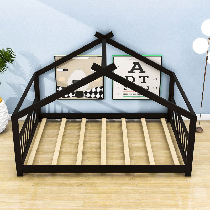 Esenler Wooden House Platform Bed with Headboard, Espresso, Full