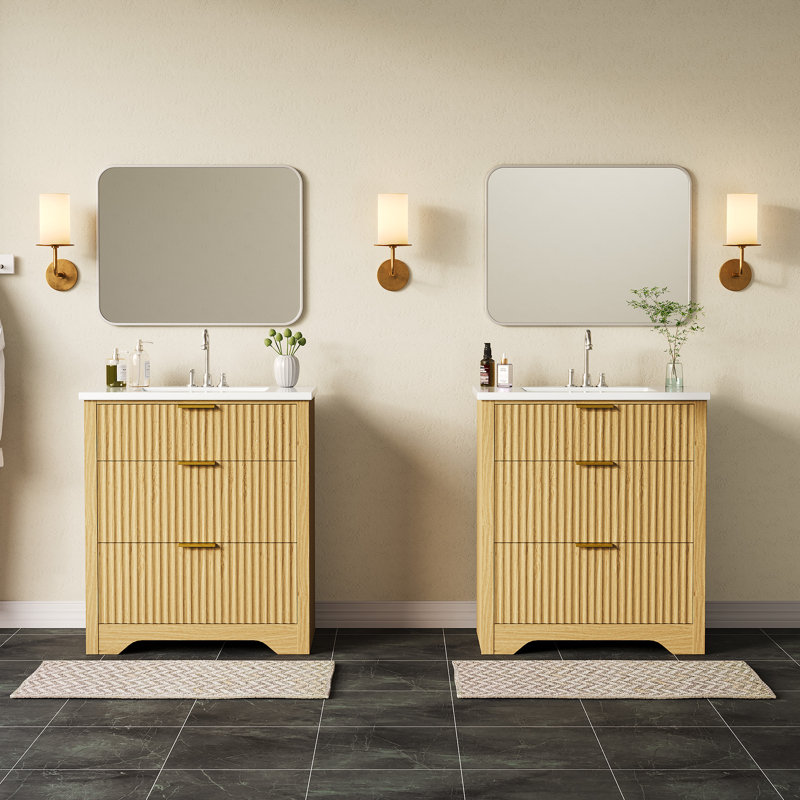 30" Modern Farmhouse Bathroom Vanity with Ceramic Sink, Freestanding Vanity Cabinet with 2 Drawers & 1 Flip-Down Drawer, Fluted Bathroom Storage Combo Set, Natural